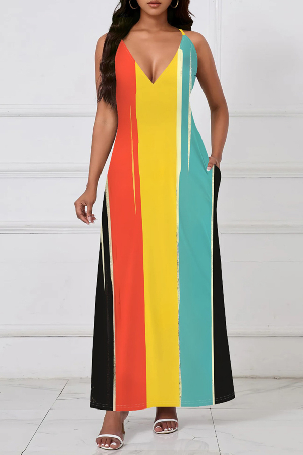 Red Yellow Casual Print Pocket Patchwork V Neck Long Dresses