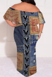 Baby Blue Sexy Faux Denim Print Ruffle Contrast Off Shoulder Printed Plus Size Dresses