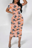 Black Daily Elegant Geometric Print Flowers Gradient Contrast O Neck Printed Short Sleeve Dress