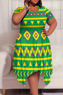 Green Yellow Casual Print Patchwork O Neck Irregular Plus Size Dresses