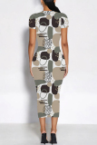 Black Daily Elegant Geometric Print Flowers Gradient Contrast O Neck Printed Short Sleeve Dress