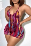 Multicolor Sexy Print Backless Spaghetti Strap Skinny Romper