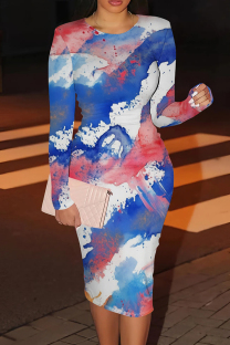 Blue White Casual Print Patchwork O Neck Wrapped Skirt Dresses