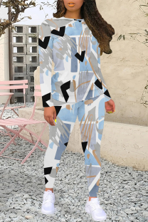 White Blue Casual Street Geometric Print Contrast O Neck Long Sleeve Two Pieces