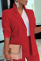 Deep Red Office lady Solid Color Pocket Buttons Patchwork Turn-back Collar Outerwear