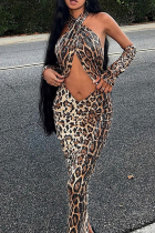 Leopard Print Sexy Leopard Print Hollow Out Patchwork Backless Halter Long Dresses