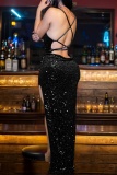 Black Sexy Solid Color Sequins Backless Slit Spaghetti Strap Long Dresses