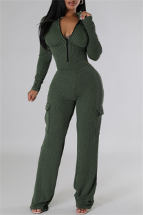 Green Casual Solid Color Patchwork Zipper Collar Long Sleeve Two Pieces