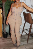Gold Sexy Solid Color Patchwork Backless Spaghetti Strap Regular Jumpsuits
