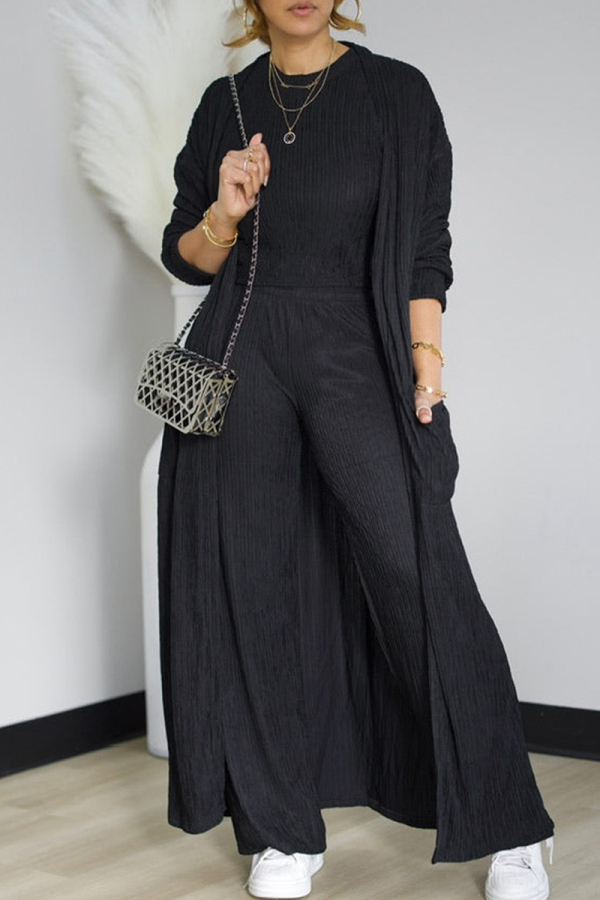 Black Casual Solid Color Pocket Patchwork O Neck Long Sleeve Two Pieces