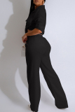 Black Casual Solid Color Pocket Patchwork Strap Design Turndown Collar Long Sleeve Two Pieces