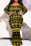 Multicolor Elegant Print Patchwork O Neck Long Plus Size Dresses