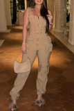 Gold Sexy Solid Color Patchwork Backless Spaghetti Strap Regular Jumpsuits