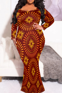 Deep Red Elegant Print Patchwork O Neck Long Plus Size Dresses