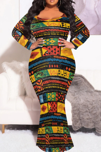 Multicolor Elegant Print Patchwork O Neck Long Plus Size Dresses