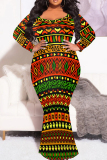 Multicolor Elegant Print Patchwork O Neck Long Plus Size Dresses