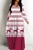Fuchsia Casual Print Basic V Neck Long Dresses