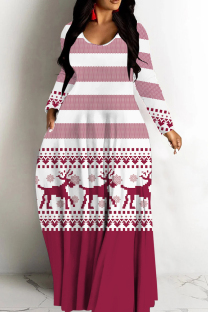 Fuchsia Casual Print Basic V Neck Long Dresses