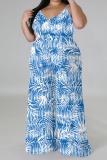 Gradient Color Casual Print Backless Spaghetti Strap Plus Size Jumpsuits (With Headscarf)