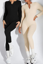 Black Casual Solid Color Buckle Patchwork O Neck Skinny Jumpsuits