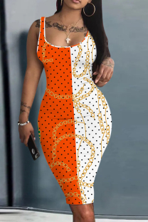 Orange White Casual Print Basic U Neck Vest Dresses