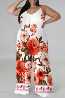 White Red Casual Print Backless Spaghetti Strap Plus Size Jumpsuits (With Headscarf)
