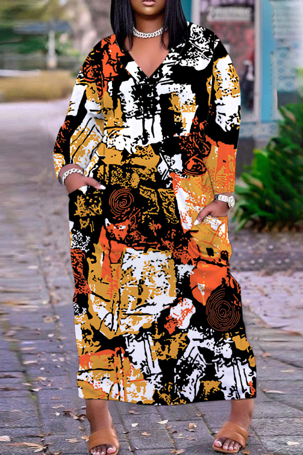 Orange Yellow Casual Print Basic V Neck Long Plus Size Dresses