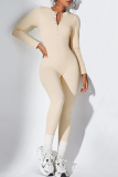 Apricot Casual Solid Color Buckle Patchwork O Neck Skinny Jumpsuits
