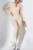 Apricot Casual Solid Color Buckle Patchwork O Neck Skinny Jumpsuits