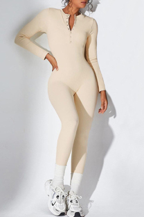 Apricot Casual Solid Color Buckle Patchwork O Neck Skinny Jumpsuits