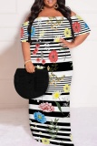 Matcha Green Casual Print Patchwork Off Shoulder Long Plus Size Dresses