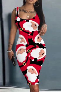 Black Red Casual Santa Claus Print Basic U Neck Vest Dresses