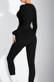 Apricot Casual Solid Color Buckle Patchwork O Neck Skinny Jumpsuits