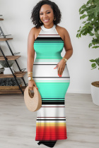 White Green Casual Print Hollow Out O Neck Long Dresses