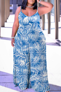 Baby Blue Casual Print Backless Spaghetti Strap Plus Size Jumpsuits (With Headscarf)