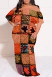 Matcha Green Casual Print Patchwork Off Shoulder Long Plus Size Dresses