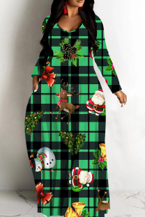 Green Casual Print Basic V Neck Long Dresses