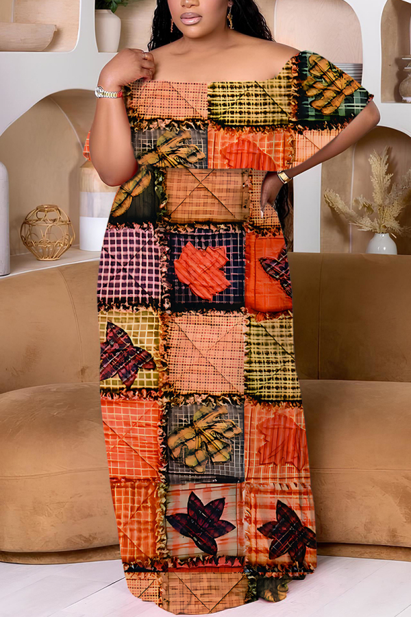 Tangerine Red Casual Print Patchwork Off Shoulder Long Plus Size Dresses