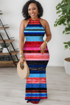 Red Blue Casual Print Hollow Out O Neck Long Dresses