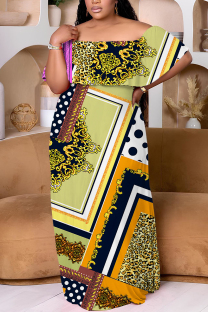 Matcha Green Casual Print Patchwork Off Shoulder Long Plus Size Dresses