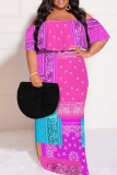 Matcha Green Casual Print Patchwork Off Shoulder Long Plus Size Dresses