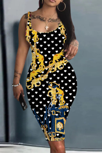 Black Gold Casual Print Basic U Neck Vest Dresses