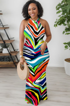 Colour Casual Print Hollow Out O Neck Long Dresses