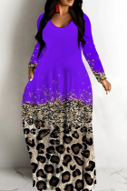 Purple Casual Print Basic V Neck Long Dresses