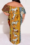 Matcha Green Casual Print Patchwork Off Shoulder Long Plus Size Dresses