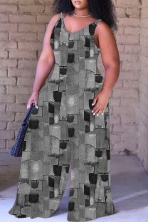 Black Gray Casual Faux Denim Print Backless Spaghetti Strap Plus Size Jumpsuits (With Headscarf)