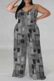 Blue Khaki Casual Faux Denim Print Backless Spaghetti Strap Plus Size Jumpsuits (With Headscarf)