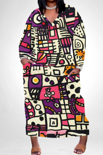 Purple Casual Street National Totem Print Pocket V Neck Printed Plus Size Dresses