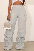 Grey Casual Solid Color Pocket Patchwork Loose High Waist Straight Patchwork Bottoms