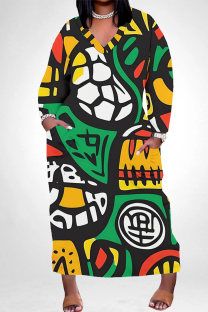Green Casual Street National Totem Print Pocket V Neck Printed Plus Size Dresses
